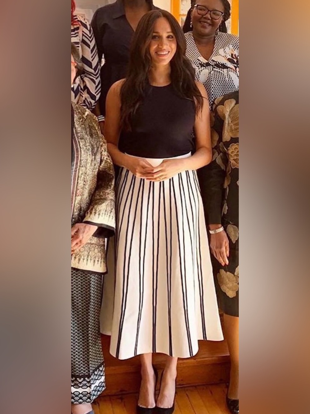 Meghan Markle J.Crew Sweater Skirt Womens Large Ivory Black Stripes Midi Length